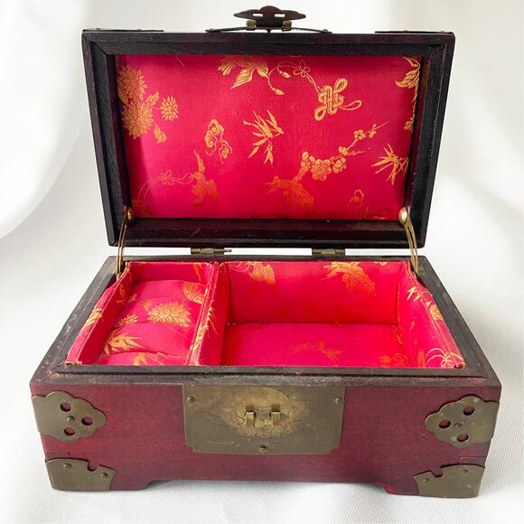 Vintage Chinese Jewelry Box with Jade Inlay, Brass Accents - Picture 1 of 14